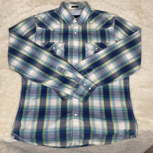 American Eagle Men’s Blue & White Plaid Cotton Vintage Fit Button-Up Shirt - Picture 3 of 9
